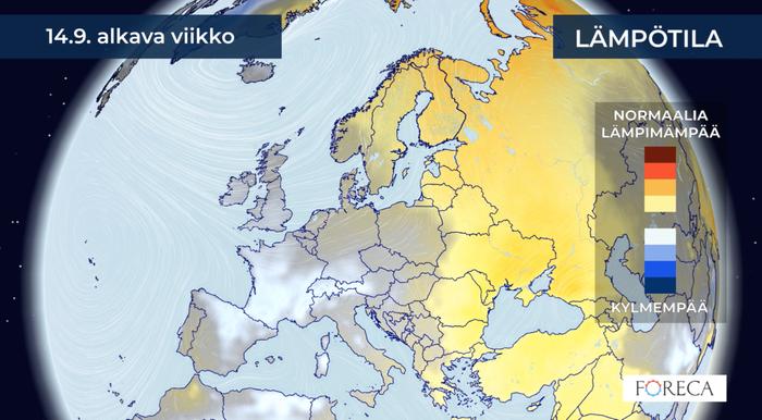 Kuukausiennuste lämpötiloista 14.9.2020 alkavalle viikolle.