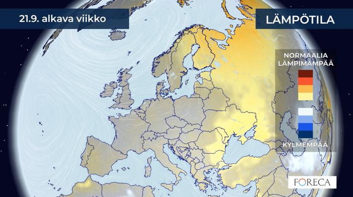 Kuukausiennuste lämpötiloista 21.9.2020 alkavalle viikolle.