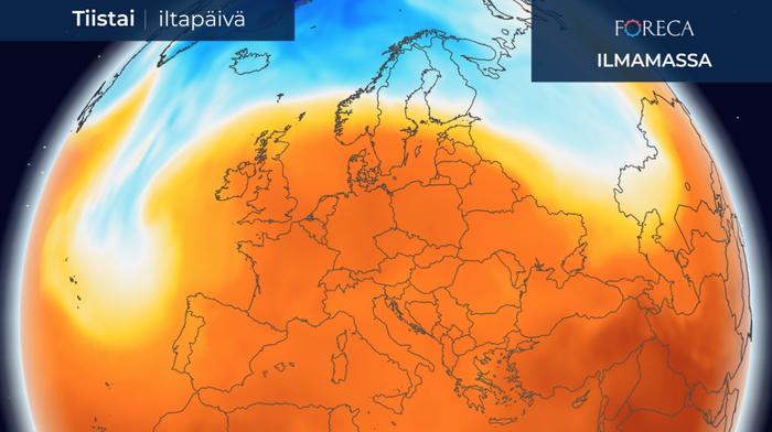 Eurooppa Etelä- ja Keski-Euroopan yllä oleva lämmin ilmamassa leviää ensi viikon alussa kohti pohjoista. Eteläisessä Ruotsissa asti lämpötila voi nousta 20–25 asteeseen. Suomi on viileämmän ilmamassan puolella. Suuressa osassa Suomea lämpötila jää 15 asteen tienoille, Lapissa paikoin alle kymmeneenkin asteeseen.