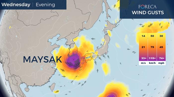 Taifuuni Maysak etenee kohti Korean niemimaata.