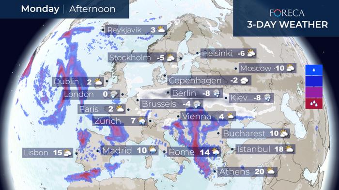 Lumisateita on liikkeellä keskisessä Euroopassa.