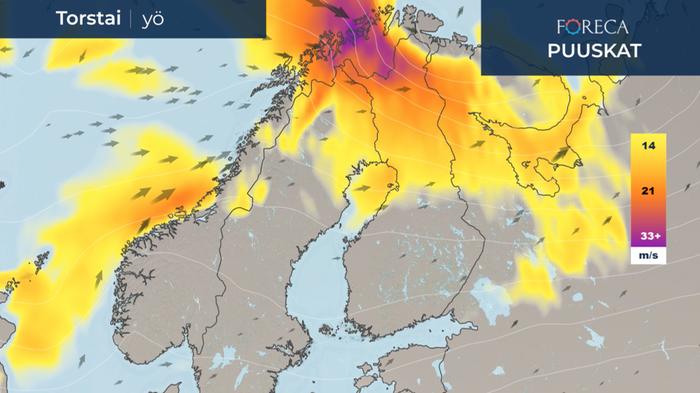 Puuskaennuste torstain vastaiselle yölle 24.–25.3.2021.