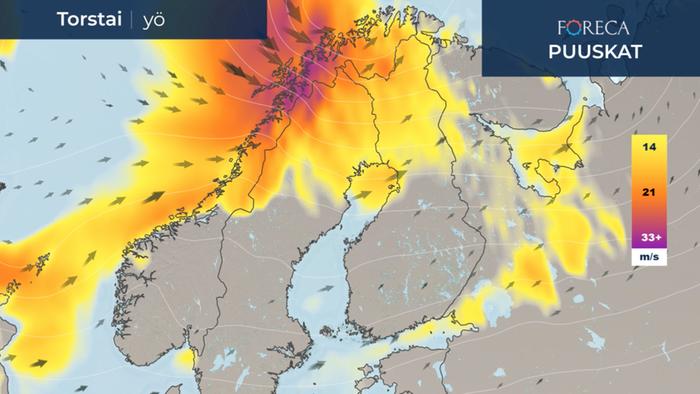 Puuskaennuste torstain vastaiselle yölle 24.–25.3.2021.