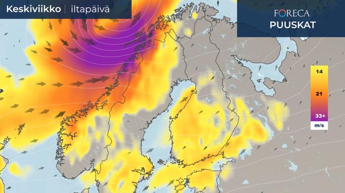 Puuskaennuste keskiviikkoiltapäiväksi 24.3.2021.