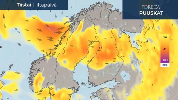 Puuskaennuste tiistai-iltapäivälle 30.3.2021.