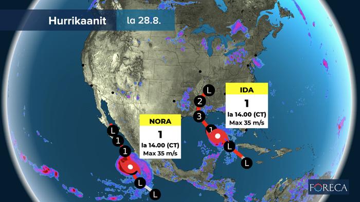 Hurrikaani Idan ennustetaan iskevän Yhdysvaltojen eteläosaan. Hurrikaani Nora puolestaan on osumassa Meksikoon Kalifornian niemimaalle.