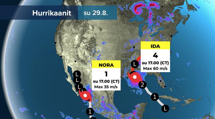 Voimakas hurrikaani Ida iski Yhdysvaltoihin 29. elokuuta 2021. Meksikon rannikolla oli samaan aikaan hurrikaani Nora.