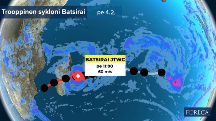 Erittäin voimakas trooppinen sykloni Batsirai eteni Intian valtamerellä helmikuussa 2022.