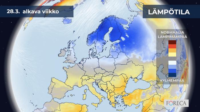 Kuukausiennusteen mukaan 28. maaliskuuta 2022 alkavan viikon keskilämpötila on Suomessa selvästi ajankohdan tavanomaisia lukemia kylmempi.