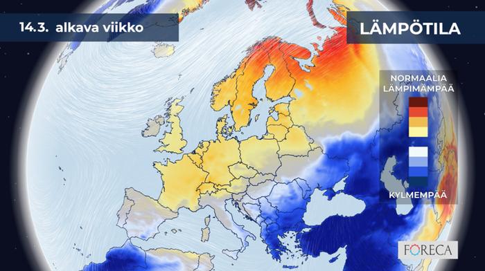 Sää on tuoreen kuukausiennusteen mukaan Suomessa viikkotasolla selvästi ajankohdan keskimääräisiä lukemia lämpimämpää maaliskuun puolivälin viikolla. Kaakkoisessa Euroopassa on sen sijaan tavanomaista kylmempää.