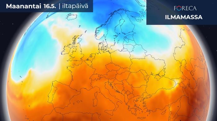Eteläisessä ja keskisessä Euroopassa on ensi viikon alussa lämmintä ilmamassaa. Lämpötilat kohoavat paikoin 30 asteen lukemiin. Suomeen ja osin myös Ruotsiin ja Norjaan virtaa ensi viikon alussa viileää ilmaa pohjoisesta.