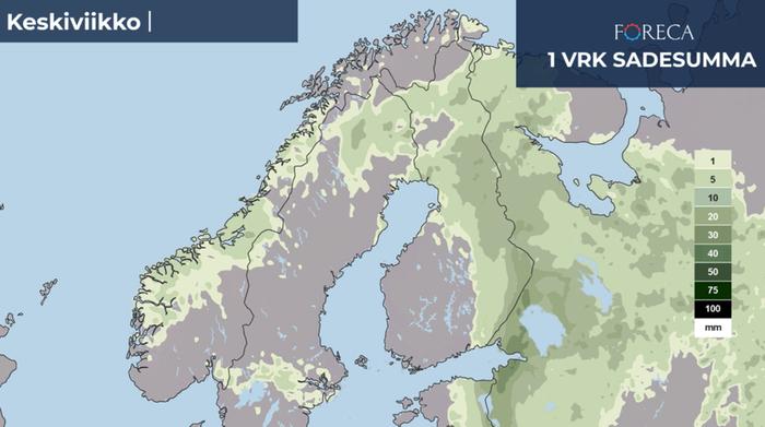 Sademääräennuste 15.6.2022 Keskiviikon 15.6.2022 sademääräennuste.