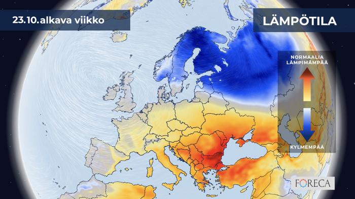 Kuukausiennuste näyttää selvästi keskimääräistä kylmempää säätä Suomeen 23. lokakuuta 2023 alkaneelle viikolle.