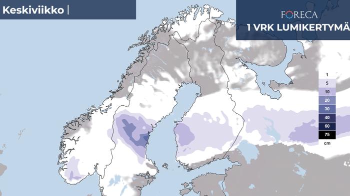 Lumikertymäennuste keskiviikolle 1.11.2023.