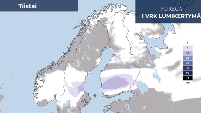 Lumikertymäennuste 31.10.2023 Lumikertymäennuste tiistaille 31.10.2023.