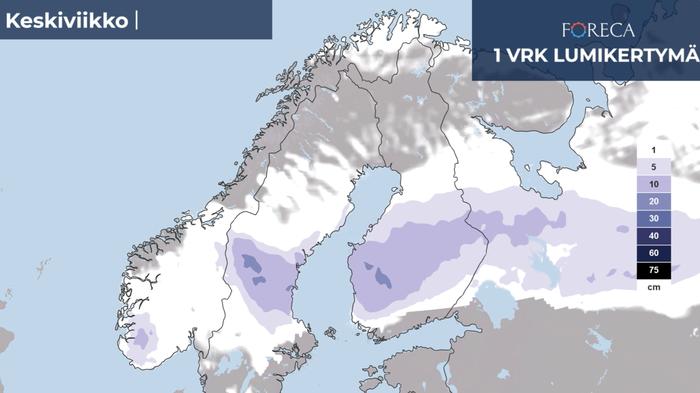 Lumikertymäennuste 1.11.2023 Lumikertymäennuste keskiviikolle 1.11.2023.