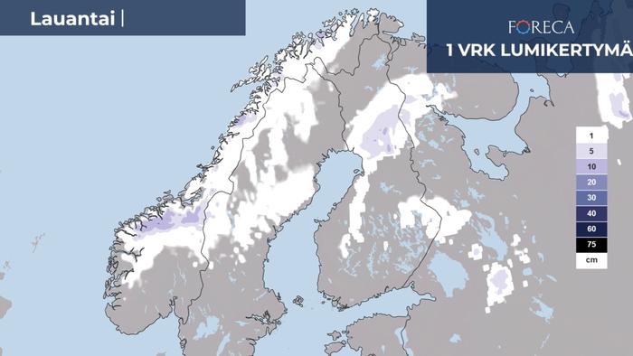 Lumikertymäennuste lauantaille 7. lokakuuta 2023.
