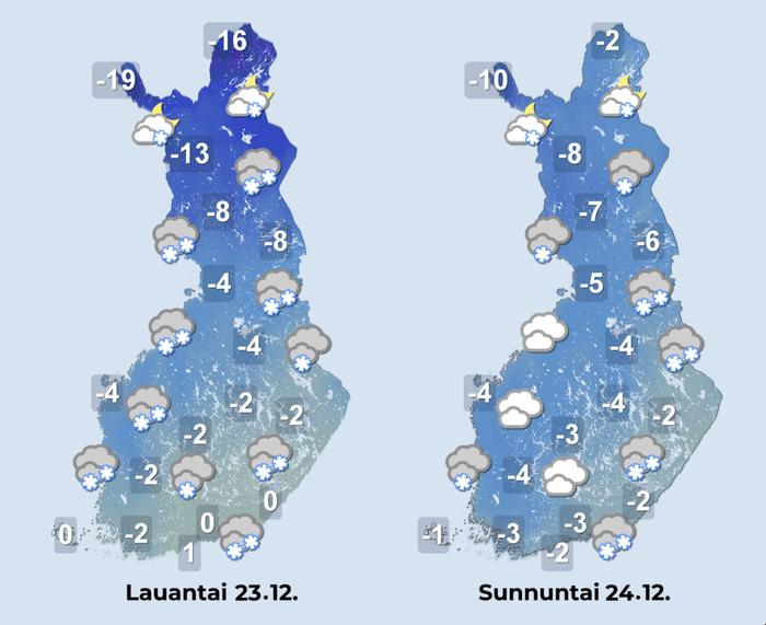 Ennuste 23.–24.12.2023 Ennuste iltapäiville 23.–24.12.2023.