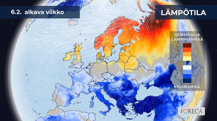 Kuukausiennuste näyttää 6. helmikuuta alkaneelle viikolle pohjoiseen Eurooppaan ajankohdan keskimääräisiä lukemia lämpimämpää säätä, kun taas etenkin eteläisessä Euroopassa viikko on ennusteen mukaan keskimääräistä kylmempi.
