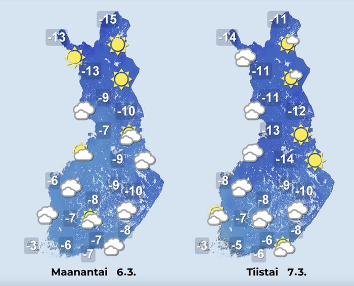 Ennuste 6.–7.3.2023 Ennuste iltapäiville 6.–7.3.2023.