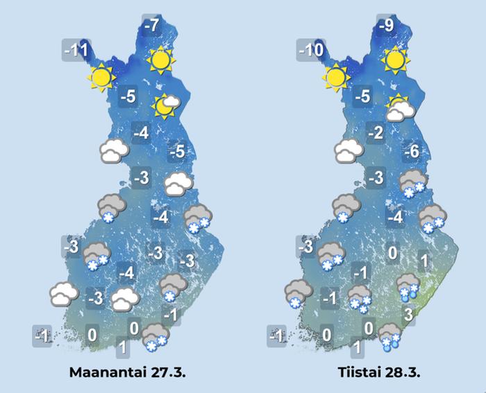 Ennuste 27.–28.3.2023 Ennuste iltapäiville 27.–28.3.2023.