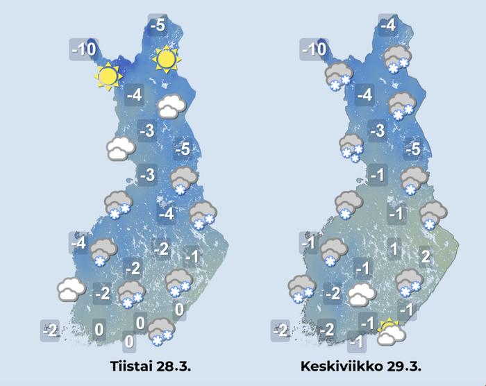 Ennuste 28.–29.3.2023. Ennuste iltapäiville 28.–29.3.2023.