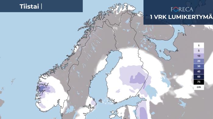 Lumikertymäennuste tiistaille 28.3.2023.