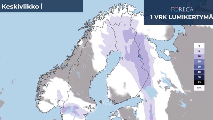 Lumikertymäennuste keskiviikolle 29.3.2023.