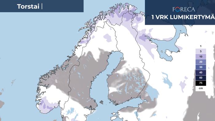 Lumikertymäennuste torstaille 30.3.2023.