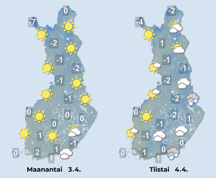 Ennuste 3.–4.4.2023. Ennuste iltapäiville 3.–4.4.2023.