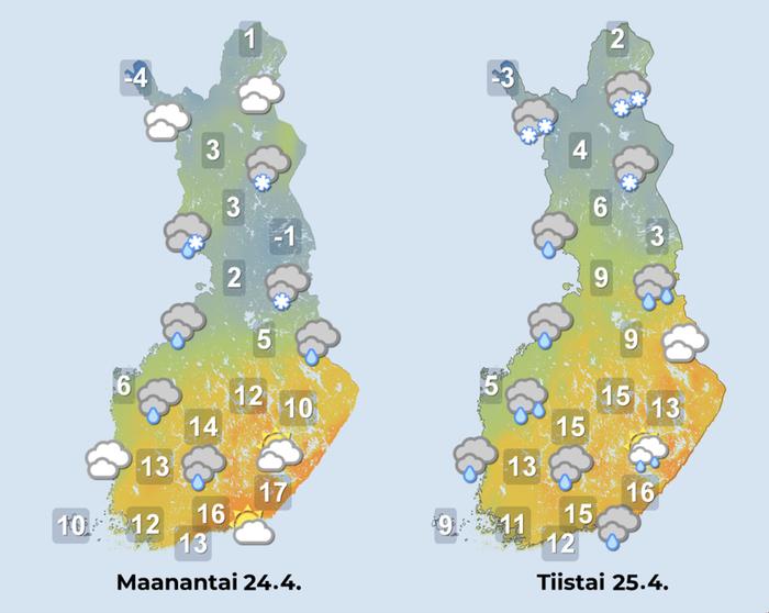 Ennuste 24.–25.4.2023 Ennuste iltapäiville 24.–25.4.2023.
