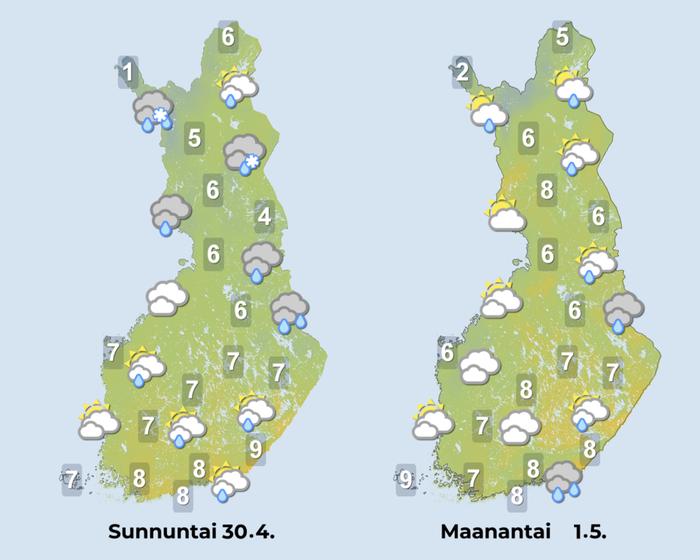 Vappuaaton ja vappupäivän iltapäivien ennusteet 2023.