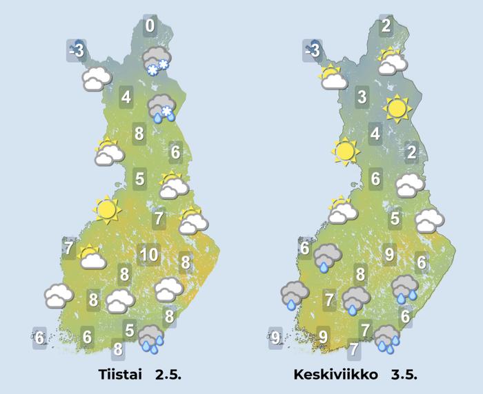 Ennuste iltapäiville 2.–3.5.2023.