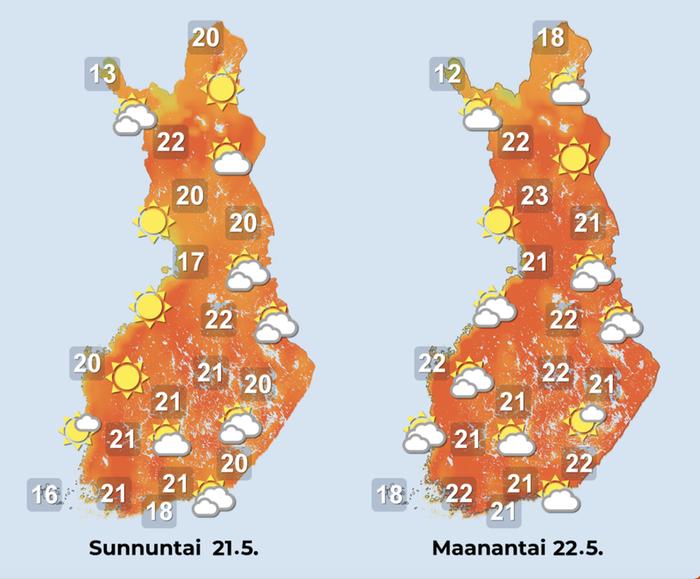 Ennuste iltapäiville 21.–22.5.2023.