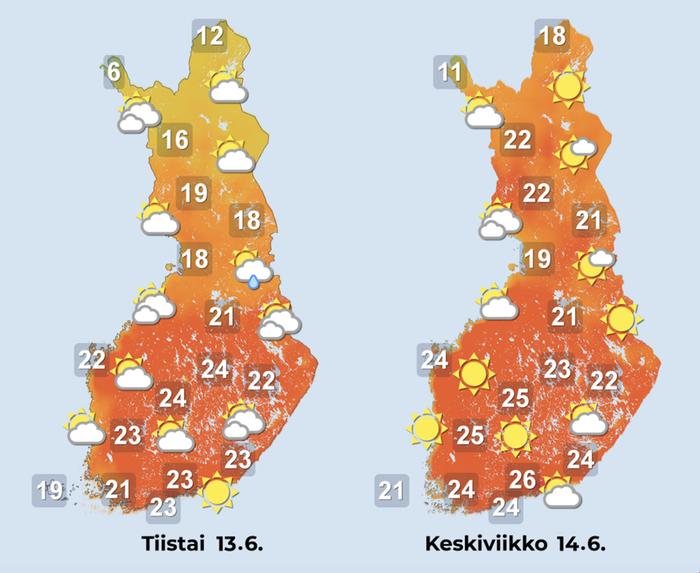 Ennuste iltapäiville 13.–14.6.2023.