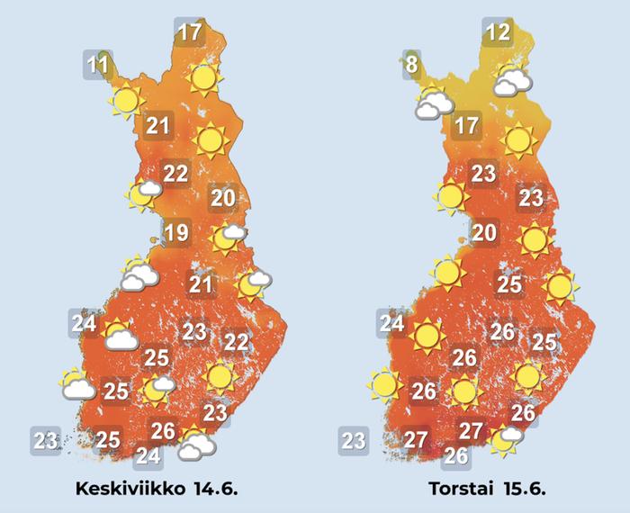 Ennuste 14.–15.6.2023 Ennuste iltapäiville 14.–15.6.2023.