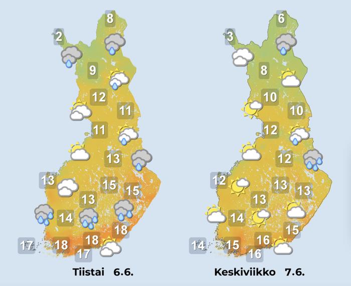 Ennuste iltapäiville 6.–7.6.2023.