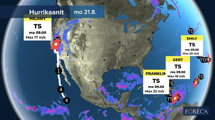 Elokuun 21. päivä 2023 myrskykartoilla olivat trooppiset myrskyt Hilary, Emily, Franklin ja Gert.