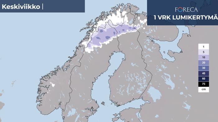 Lumikertymäennuste keskiviikolle 20.9.2023.