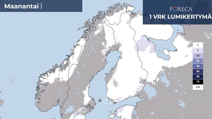 Lumikertymäennuste maanantaille 22.4.2024.