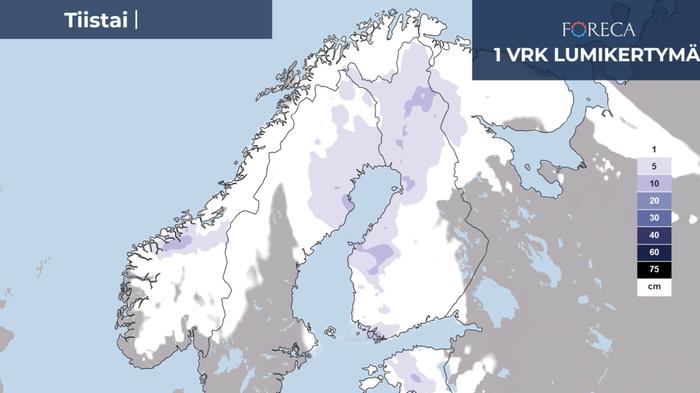 Lumikertymäennuste tiistaille 23.4.2024.