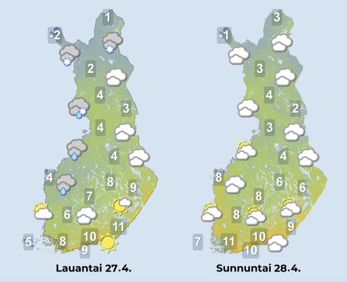 Ennuste 27.–28.4.2024 Ennuste iltapäiville 27.–28.4.2024.