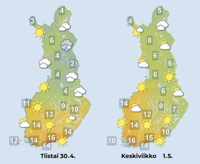 Ennuste 30.4.–1.5.2024 Ennuste iltapäiville 30.4.–1.5.2024.