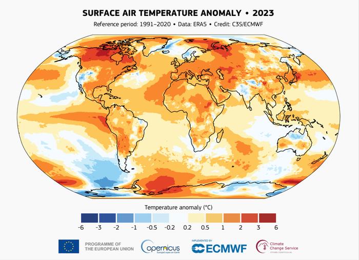 Vuosi 2023 oli maapallolla monin paikoin keskimääräistä lämpimämpi.