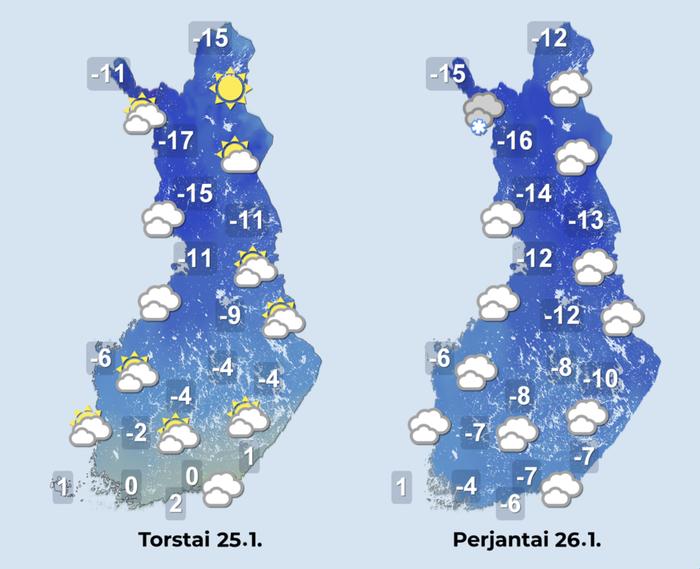 Ennuste 25.–26.1.2024 Ennuste iltapäiville 25.–26.1.2024.