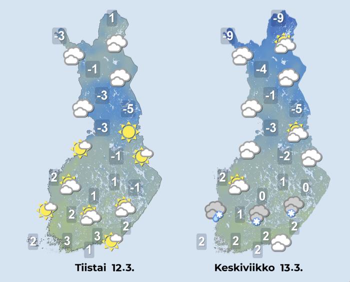 Ennuste 12.–13.3.2024 Ennuste iltapäiville 12.–13.3.2024.