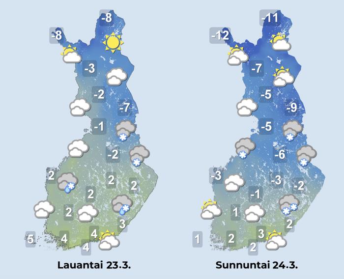 Ennuste 23.–24.3.2024 Ennuste iltapäiville 23.–24.3.2024.