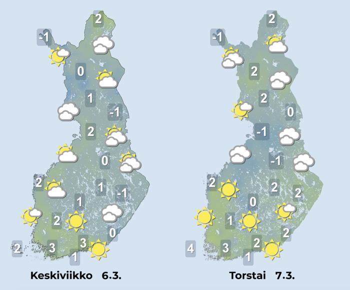 Ennuste 6.–7.3.2024 Ennuste iltapäiville 6.–7.3.2024.