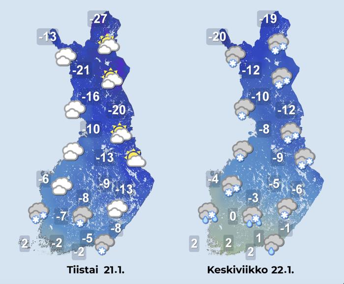 Ennuste 21.–22.1.2025 Ennuste iltapäiville 21.–22.1.2025.