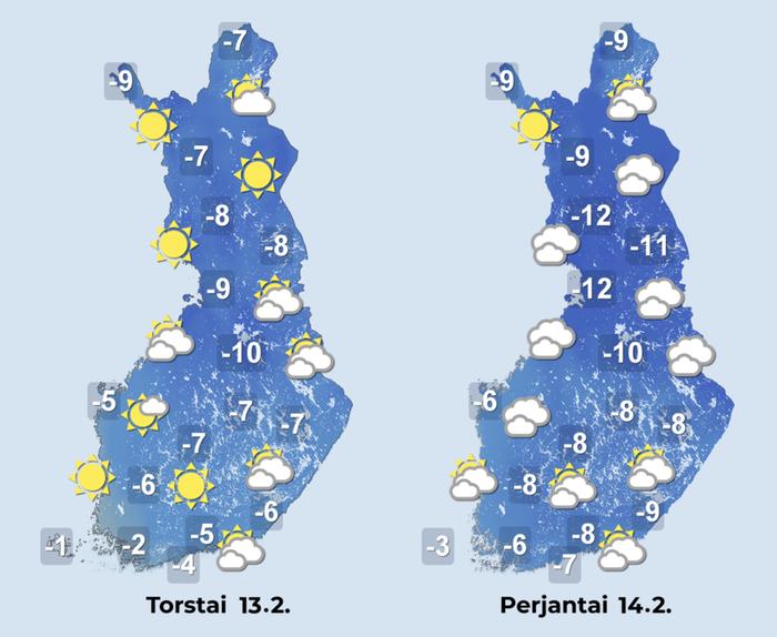 Ennuste 13.–14.2.2025 Ennuste iltapäiville 13.–14.2.2025.